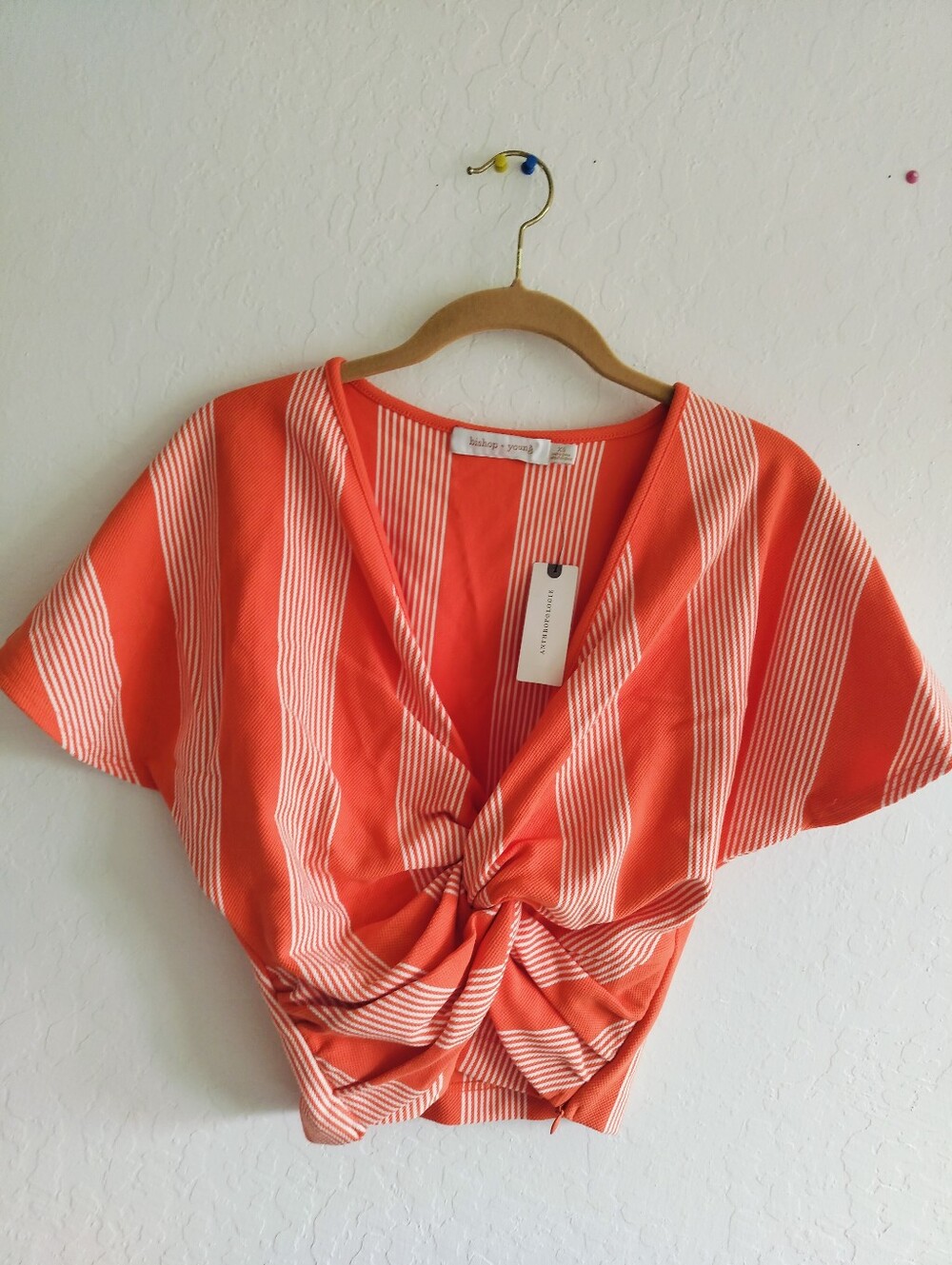NWT Bishop + Young Anthro Orange & White Striped Twist Front Crop Top - Size XS